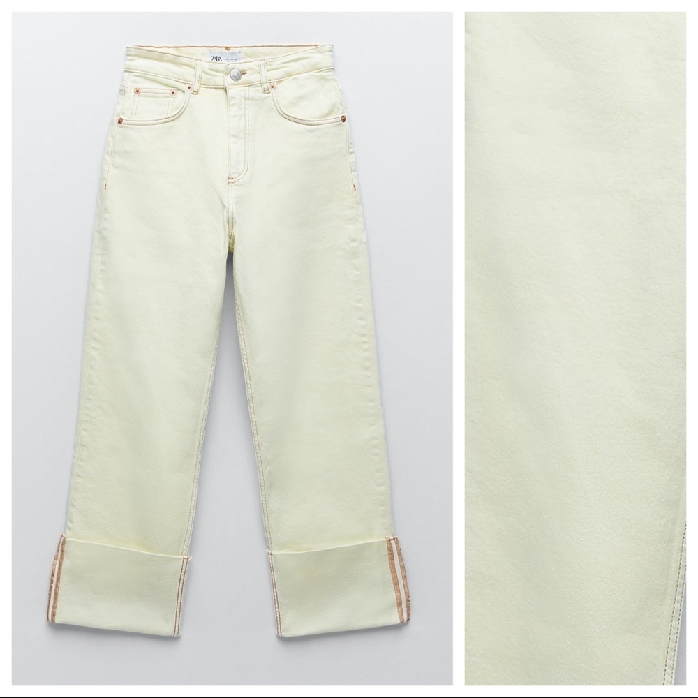 NWT. Zara Light Green Wide-Leg Ankle-Length Turn Up Cropped Jeans. Size 4.
